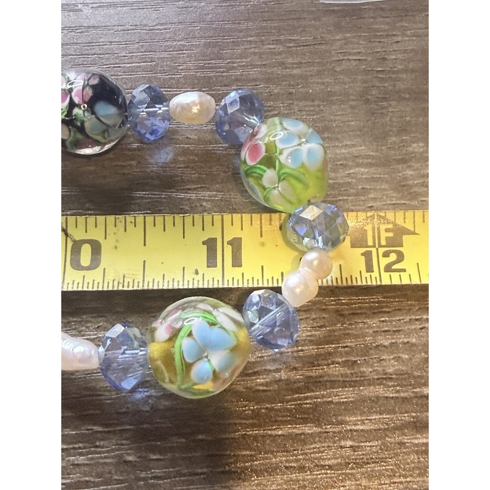 Floral Glass Pearl Beaded Necklace Blue Green Artisan Wedding Cake Style 23" - Picture 6 of 7